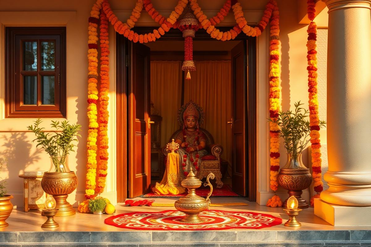 Griha Pravesh Puja ceremony in Gaya with marigold torans and rangoli