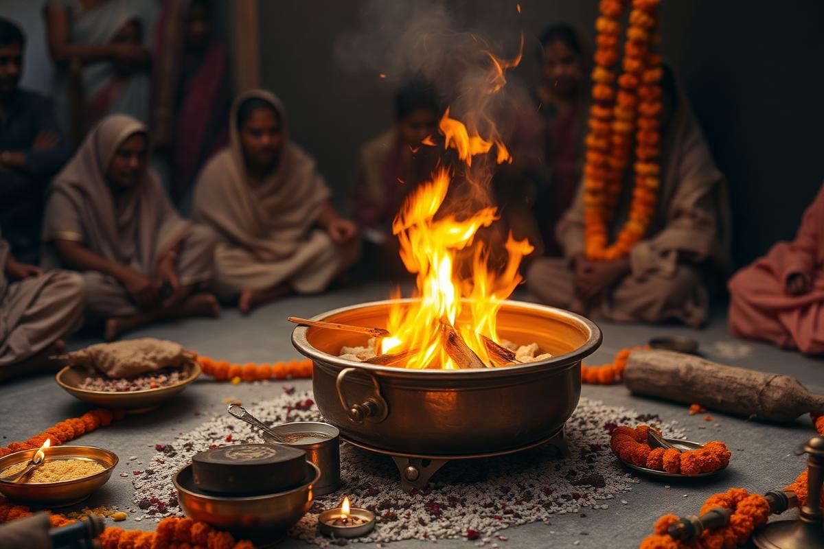 Pandit performing Havan in Gaya with sacred fire and traditional offerings