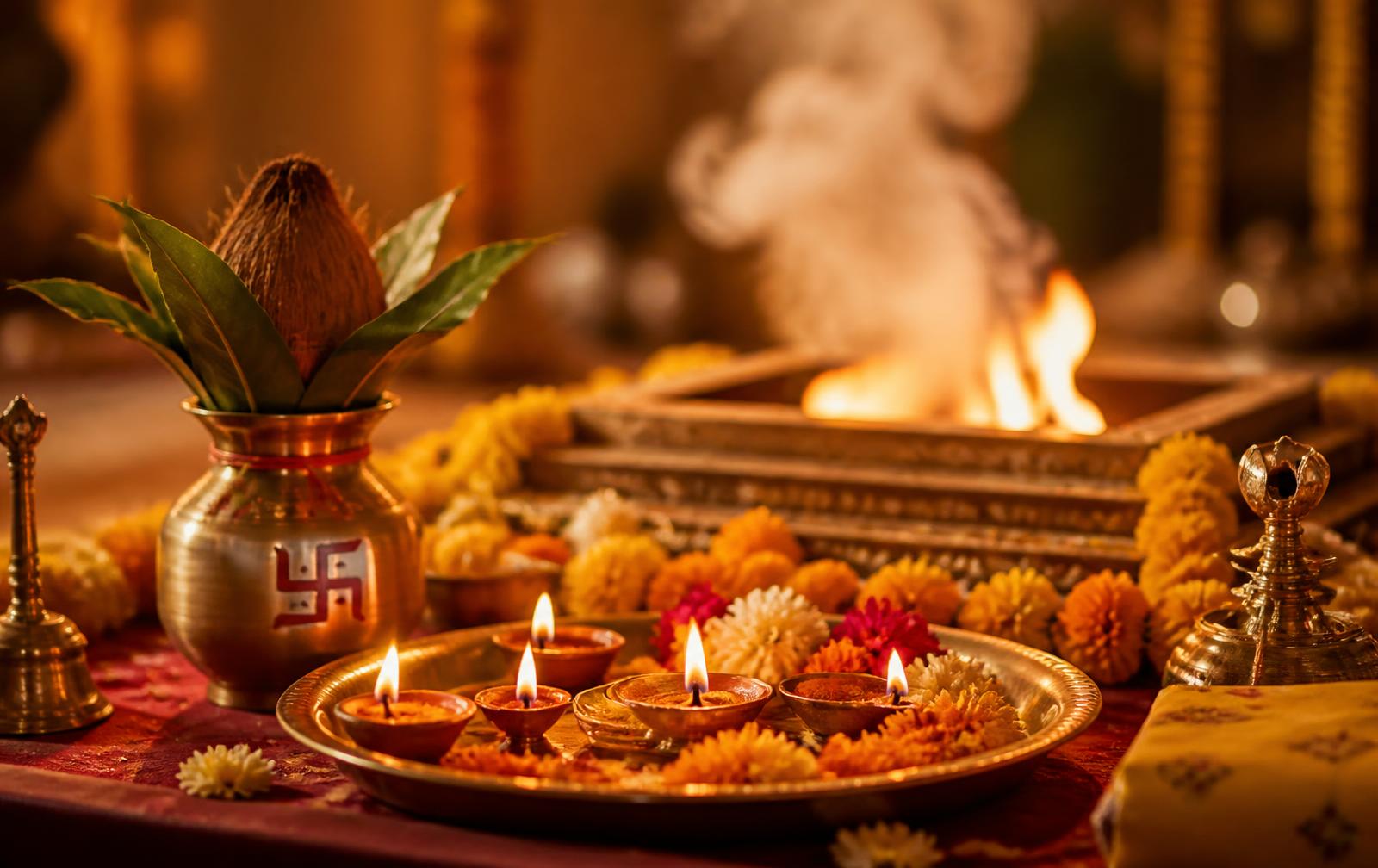 Traditional Hindu Puja and Havan setup with diya, kalash and marigold flowers in Gaya